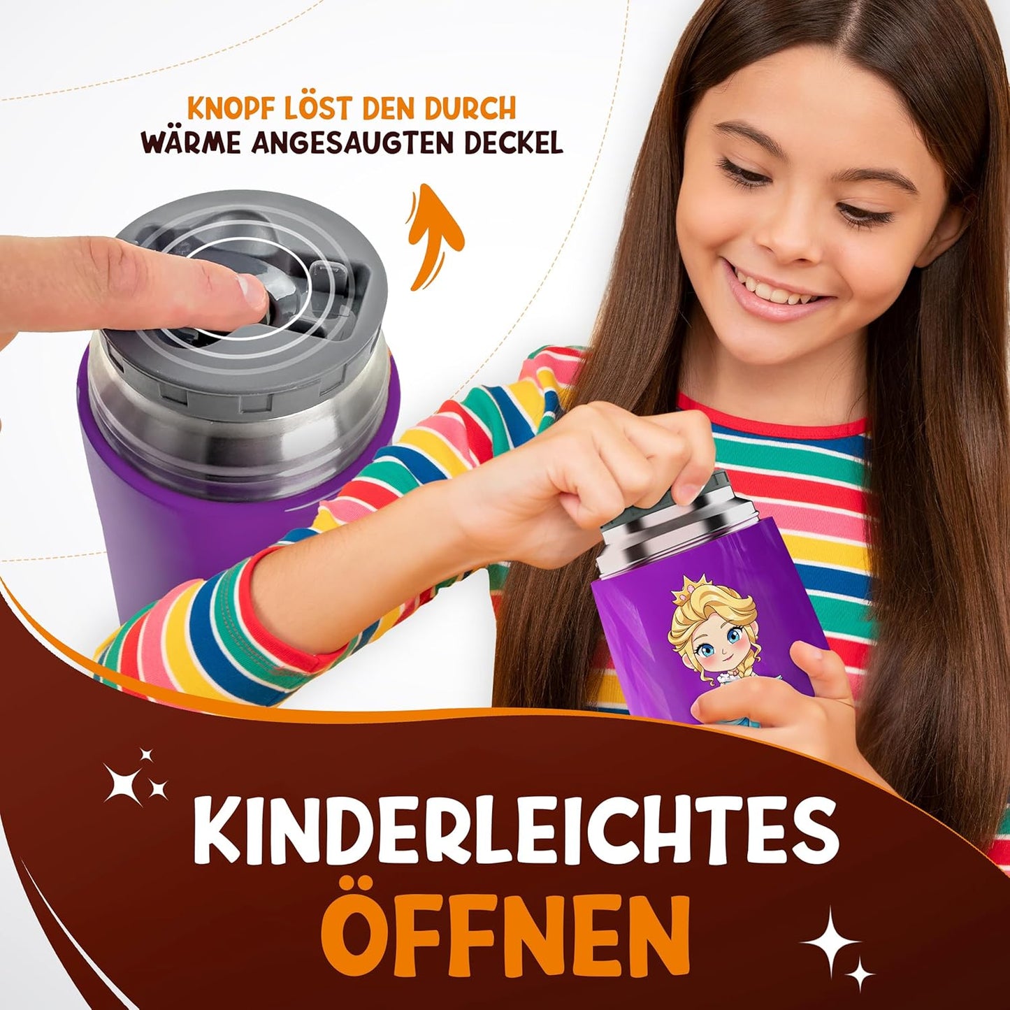 Funkelfuchs® thermosbeker voor kindervoeding - 500ml, paarse prinses - 100% lekvrij - roestvrijstalen warmhoudbeker - thermische beker - thermische lunchbox - babyvoeding
