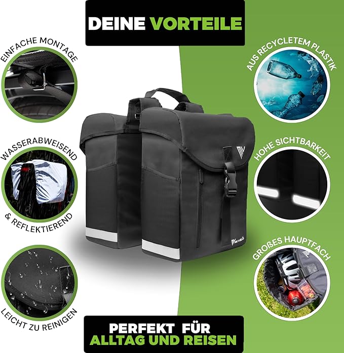 MIVELO - Dubbele Fietstas - 36L Inhoud - Zwart & RPET - Regenbescherming - MIK & Racktime Compatibel - Van Gerecycled Materiaal