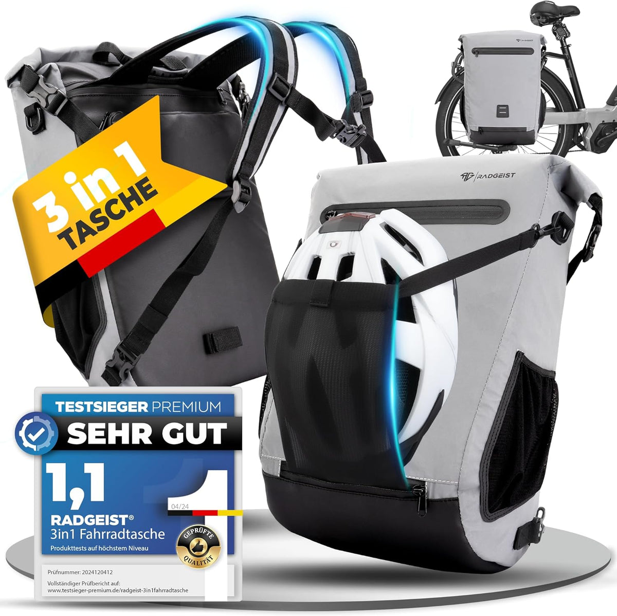 RADGEIST fietstas voor bagagedrager I fietstas & rugzak I tas voor fiets 100% waterdicht (reflecterend)
