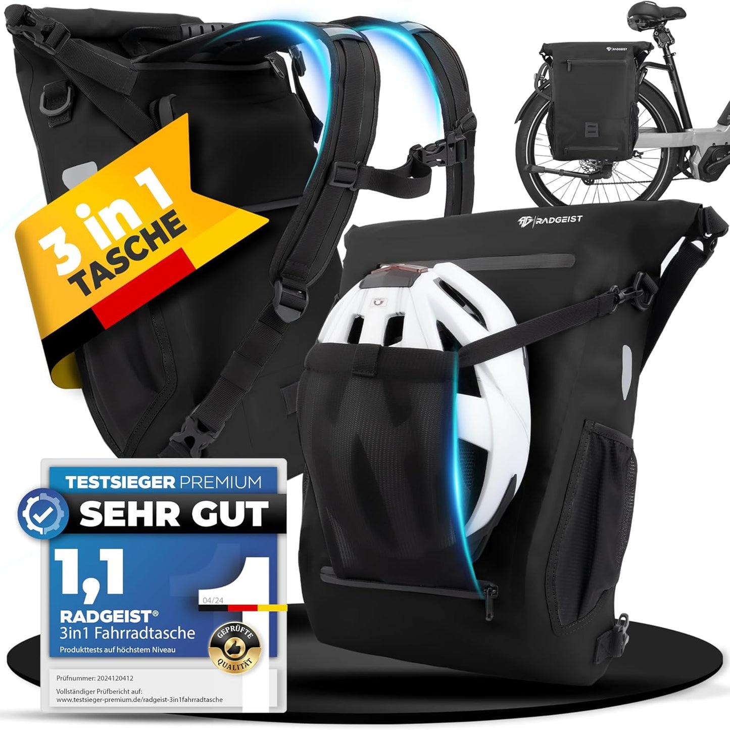 RADGEIST 3in1 fietstas voor bagagedrager I fietstas, rugzak & schoudertas 18-22L I tas voor fiets 100% waterdicht zwart