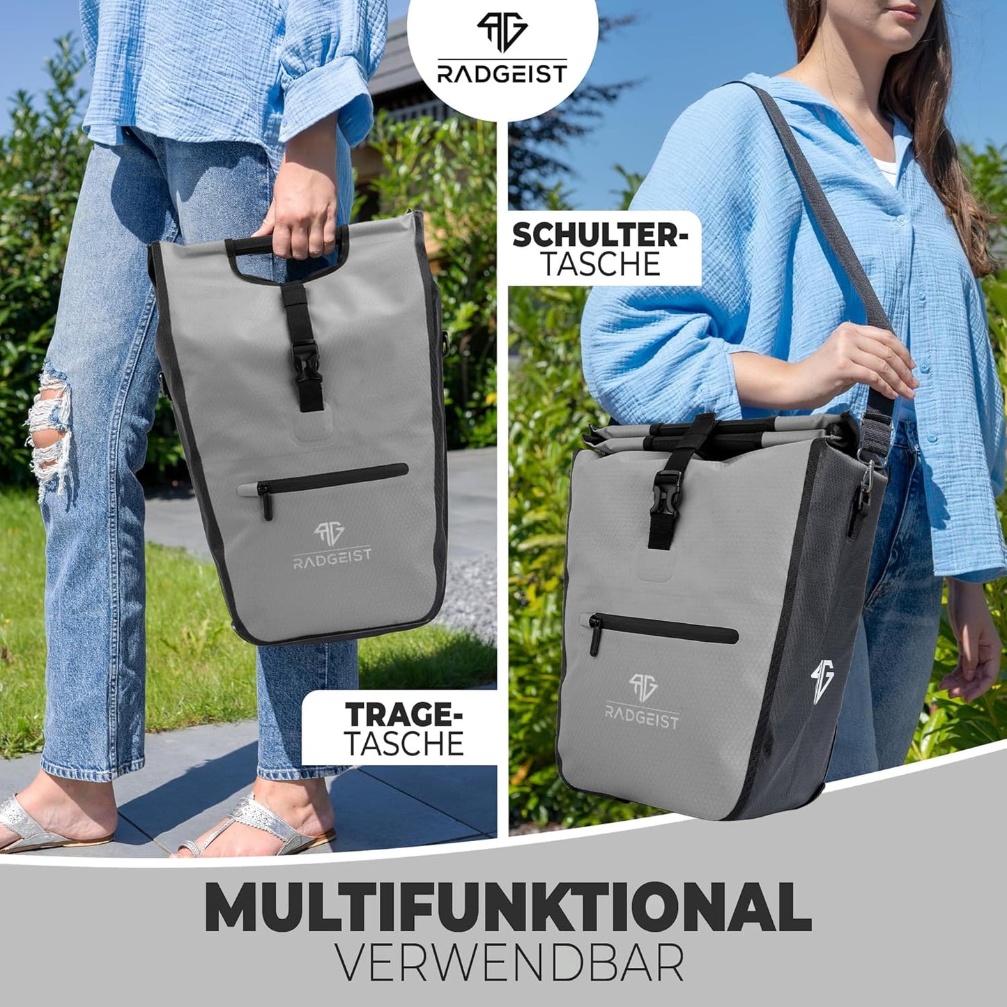 RADGEIST fietstas voor bagagedrager I fietstas shopper met uitneembare koeltas I boodschappentas & boodschappendraagtas 22-28 liter - grijs