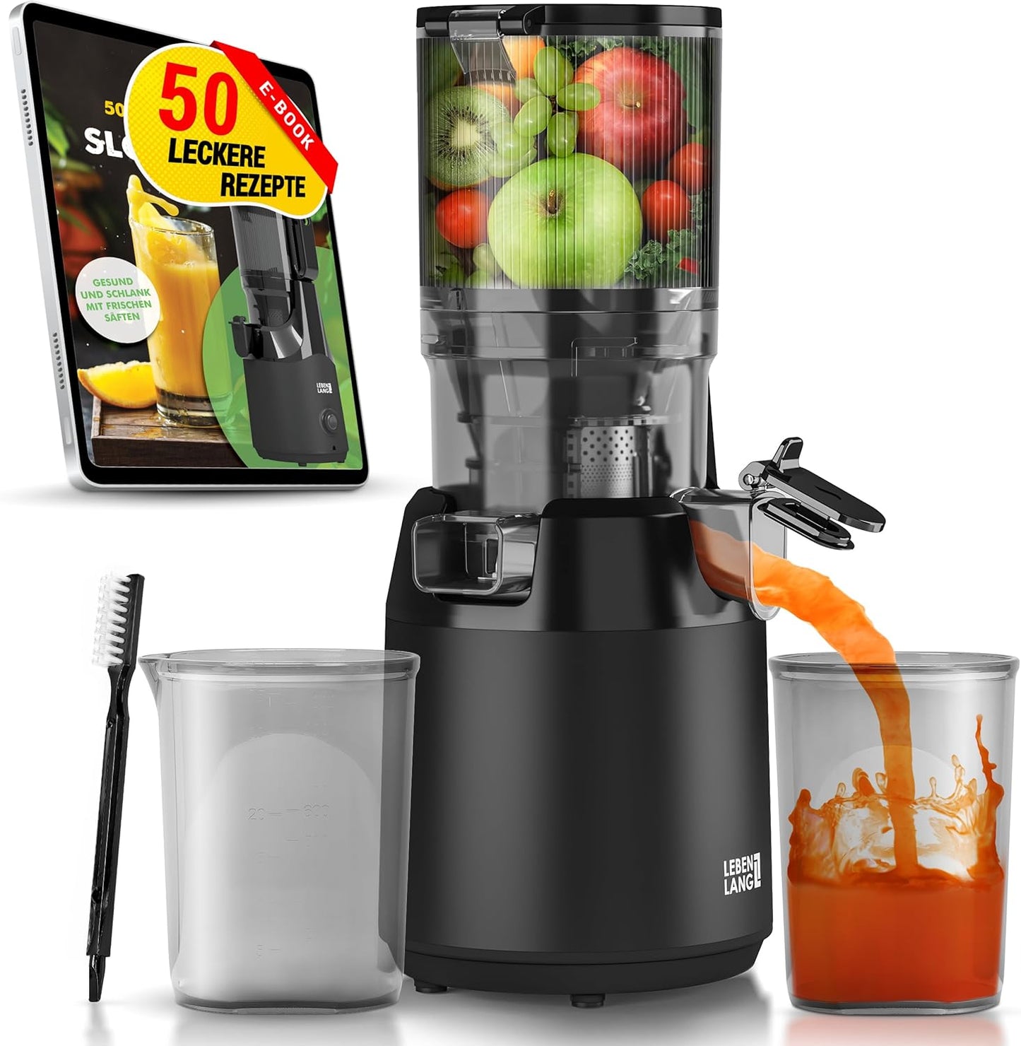 Lebenlang Slow Juicer sapcentrifuge - Incl. 2 Sapbekers - 250 W - BPA-vrij - Zwart - 38 x 34 x 20 cm