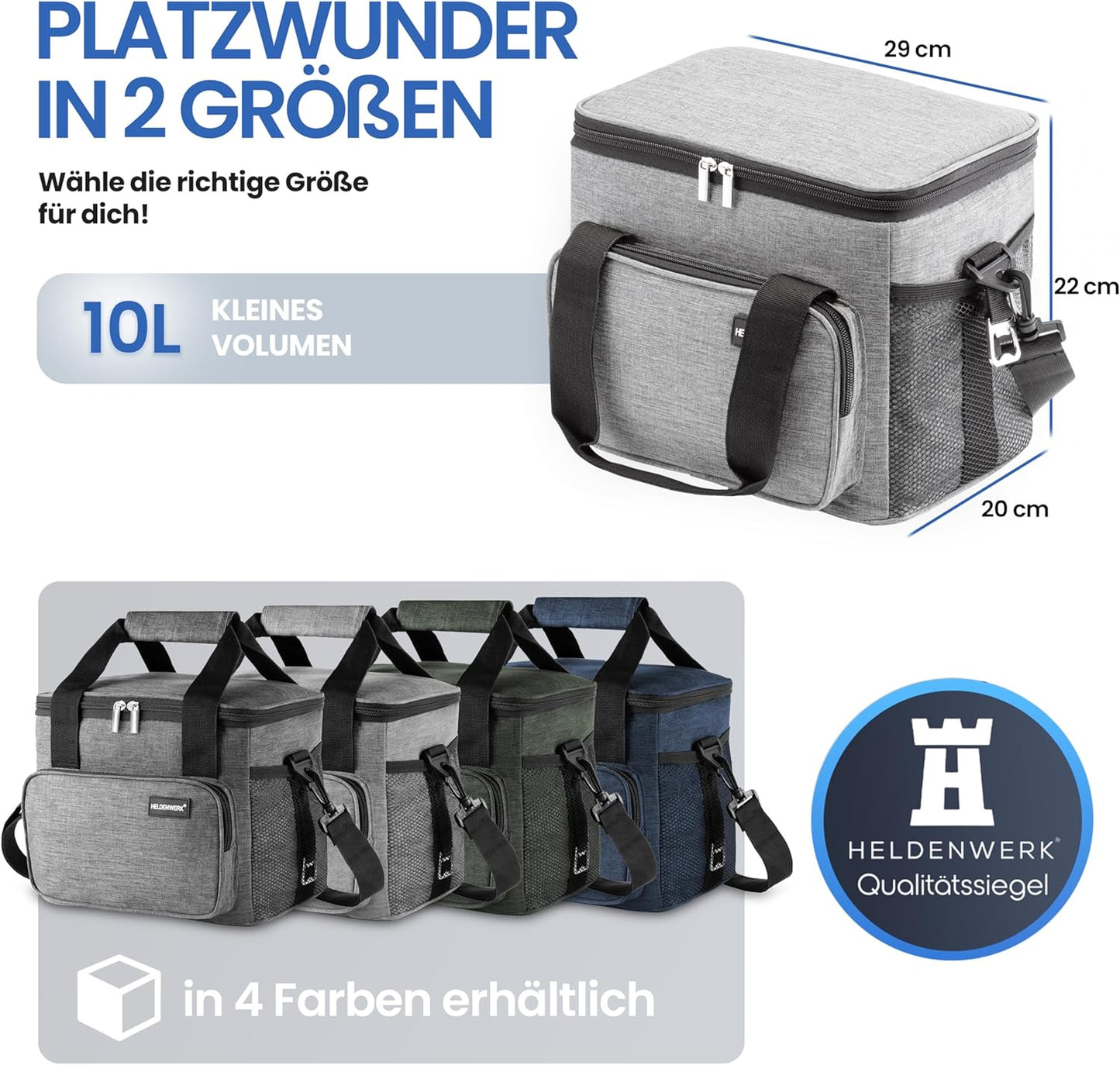HELDENWERK Koeltas Klein & Opvouwbaar – 10 Liter Thermische Lunchtas – Geïsoleerd, Waterdicht & Lekvrij – Koeltas - Brunch- en Lunchtas – Lichtgrijs