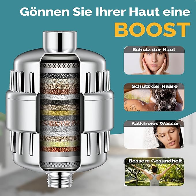 Essible 15-traps douchefilter - met vitamine C en E - roestvrijstalen waterfilter voor douchekop - tegen kalk, chloor en fluoride**