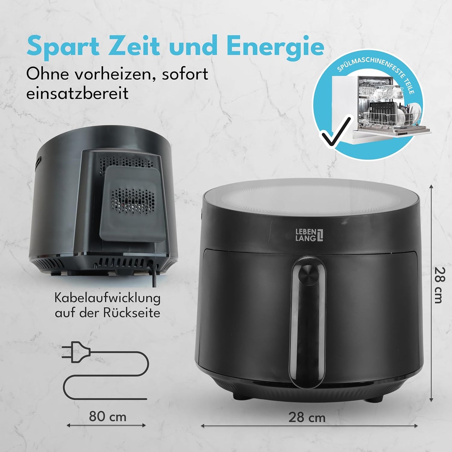 LEBENLANG Airfryer 5L & 1500W - 8 Programma's - Inclusief receptenboek - 45 x 30 x 27 cm - Zwart