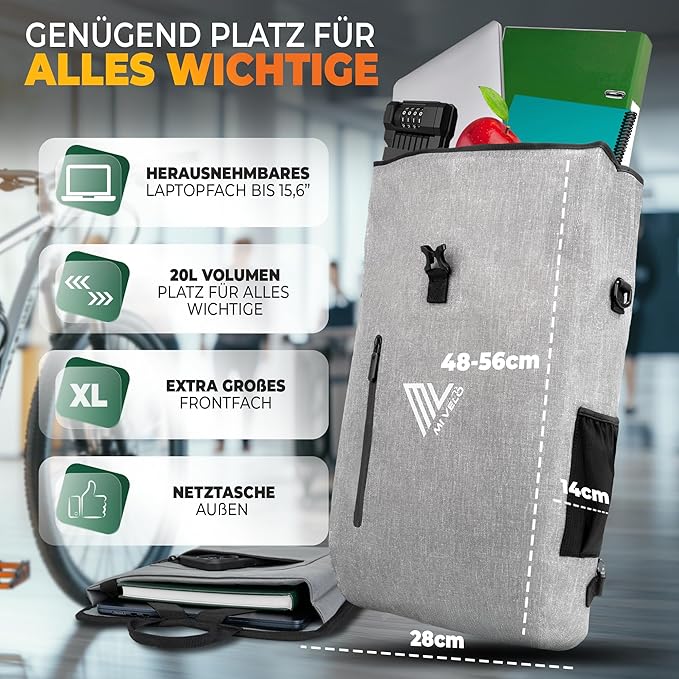 MIVELO 3-in-1 Fietstas – Rugzak & Schoudertas – Waterdicht met Laptopvak & Slot – 20L – Grijs