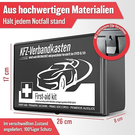 HELDENWERK Auto verbanddoos 2026 voor heel Europa inzetbaar en getest (conform het Duitse verkeer) - EHBO-kit EHBO-kit verbanddoos DIN 13164 gecertificeerd - EHBO-tas - Zwart