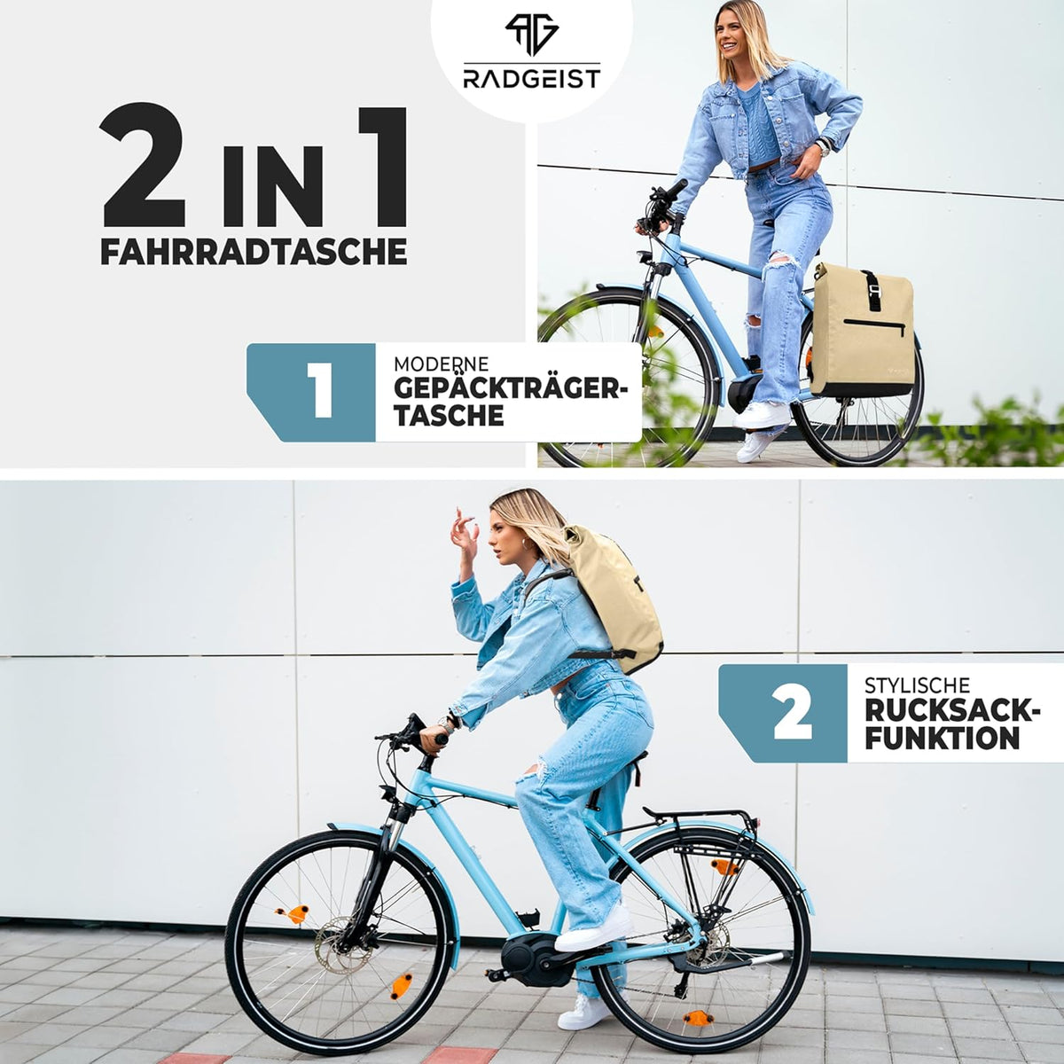 RADGEIST fietstas voor bagagedrager I fietstas & rugzak I fietstas voor dames & heren I schoudertas & fietstas voor fiets 20L zand
