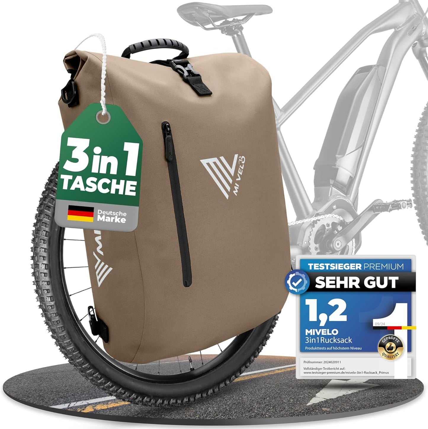 MIVELO 3-in-1 Waterdichte Fietstas met Laptopvak en Slot - PVC-vrij - Zandbeige - 20 L