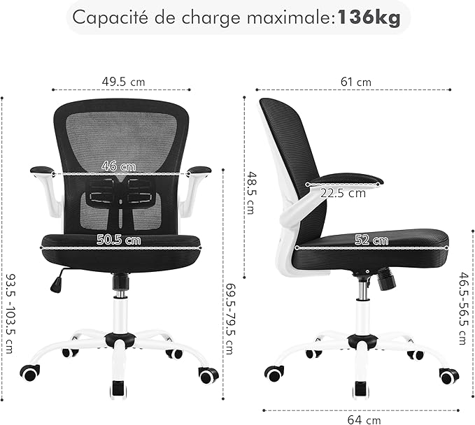 Yaheetech Bureaustoel Wit/Zwart – Ergonomisch en Draaibaar – Verstelbare Zithoogte 46,5-56,6 cm