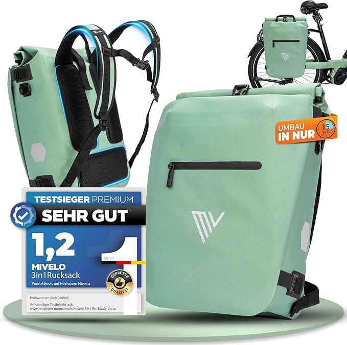 MIVELO 3-in-1 Fietstas – Rugzak & Schoudertas – Waterdicht – Inclusief Laptopvak – 20L – Mint