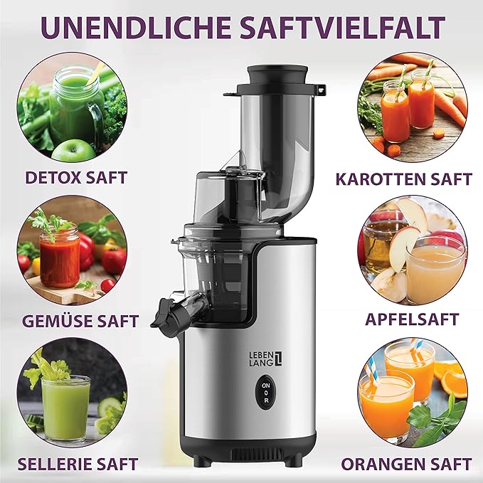 Lebenlang Elektrische Slowjuicer & Sapcentrifuge – 220 V - RVS- Incl. Sap- en Pulpcontainer - Zilver - 21 x 45 cm