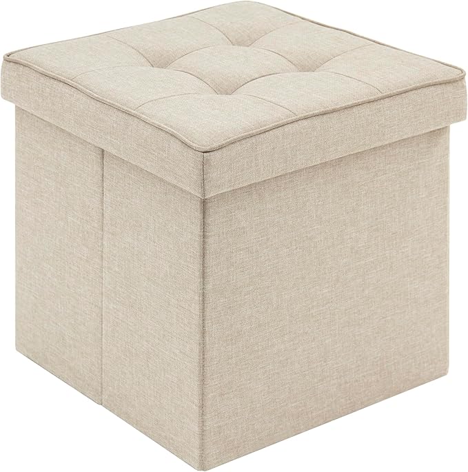WOLTU opbergpoef met deksel - opbergkruk kubus - inklapbaar - linnen zitting - 37,5 x 37,5 x 38 cm - beige
