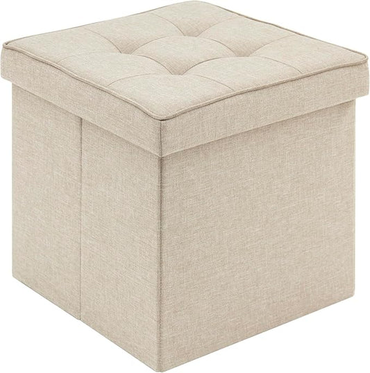 WOLTU opbergpoef met deksel - opbergkruk kubus - inklapbaar - linnen zitting - 37,5 x 37,5 x 38 cm - beige