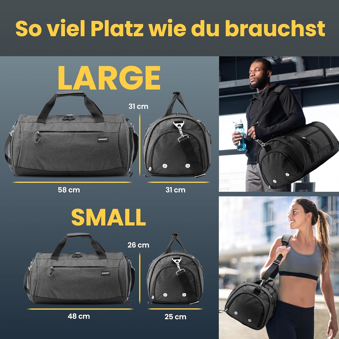 Heldenwerk Sporttas - Schoenvak - 50L - 58x31x31cm - Grijs