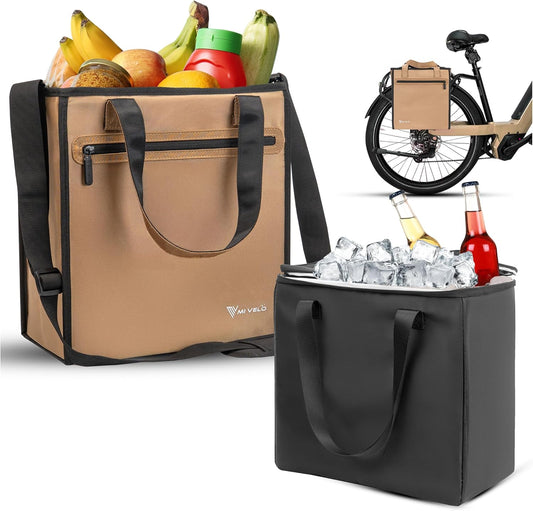 MIVELO - Fietstas Voor Boodschappen - 25 liter Inhoud & Afneembare Koeltas - Polyester - Beige