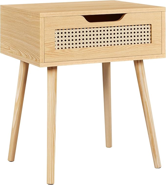 Yaheetech Nachtkastje met Rotan Lade – Lichtbruin – 48,5 x 41 x 57,5 cm – Houten Poten