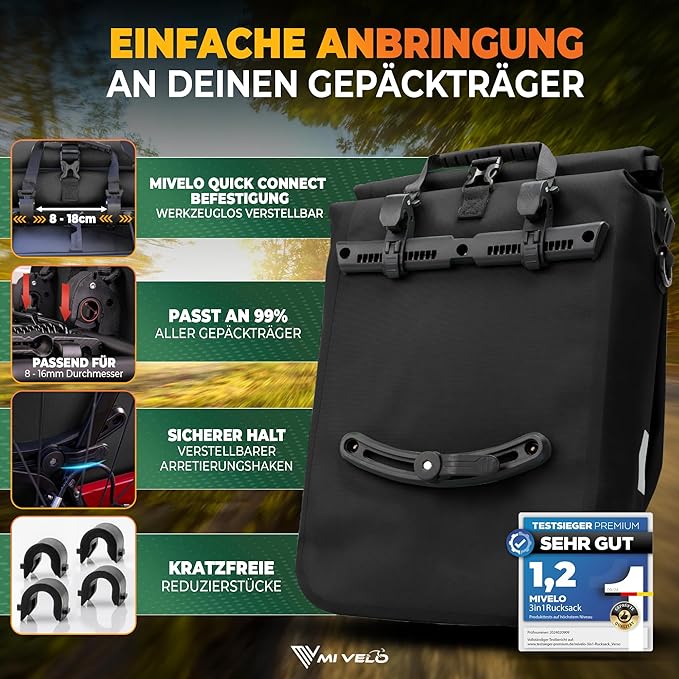 MIVELO - 3-in-1 Fietstas Rugzak - 15 liter Inhoud & 100% Waterdicht - TPU - Zwart