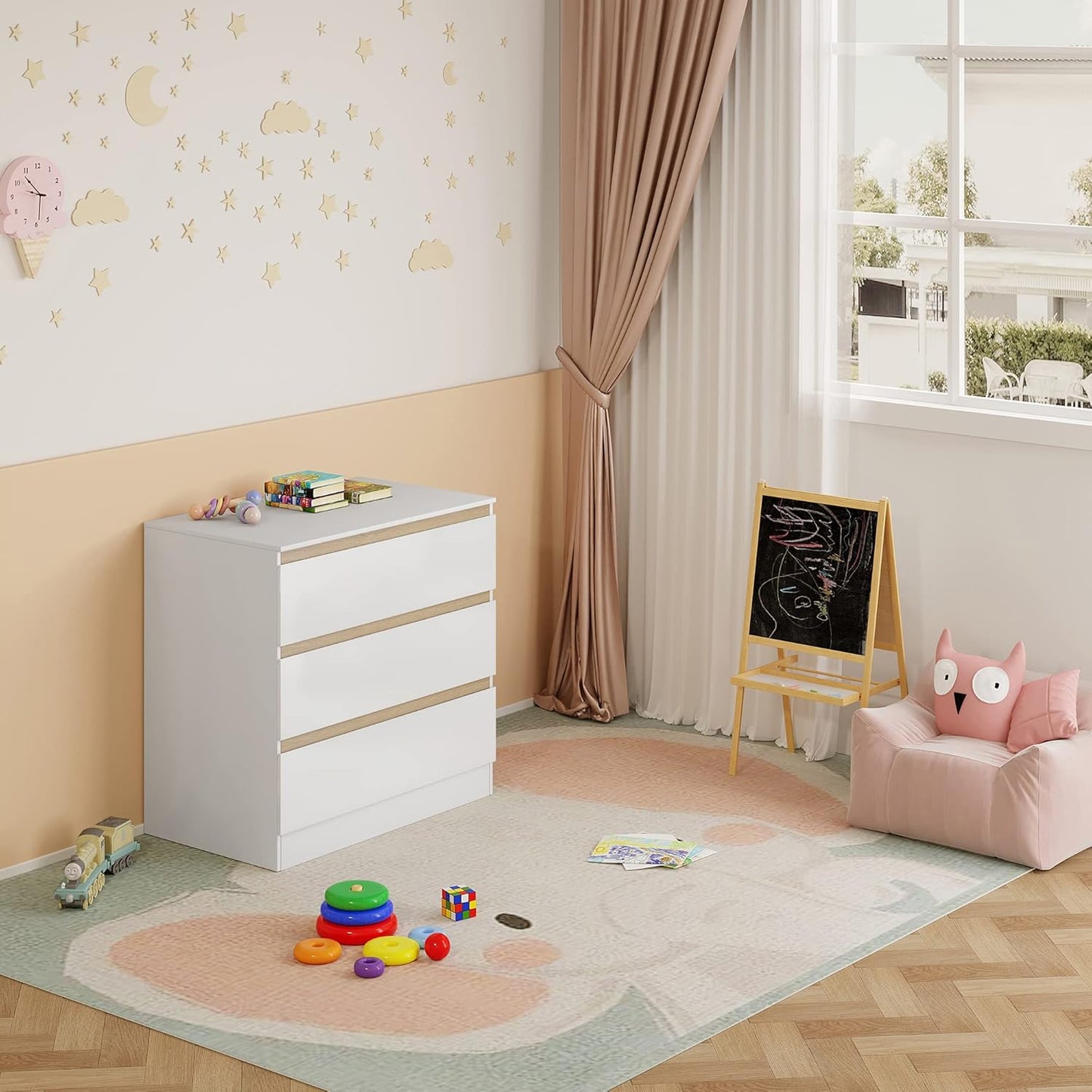 Woltu Luiercommode met aankleedopzetstuk – 80x48x78 cm – Wit en Eiken – 3 Lades – Ergonomisch 86 cm Werkhoogte