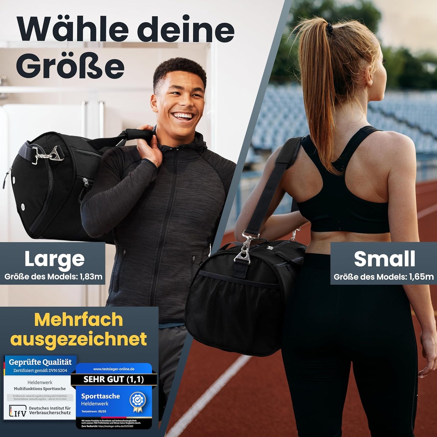 Heldenwerk Sporttas met schoenenvak en nat vak, trainingstas voor dames en heren, ideaal als reistas, fitnesstas, trainingstas of sporttas, zwart, Sporttas met schouderriem