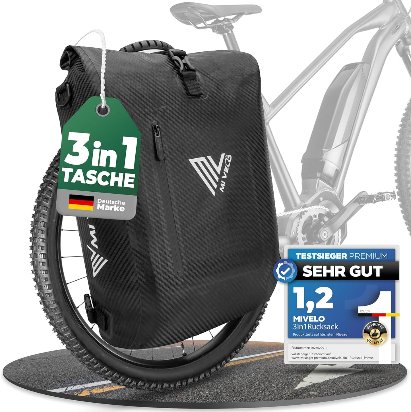 MIVELO PRIMUS - 3-in-1 Waterdichte Fietstas met Laptopvak en Slot - Carbon - 20 L