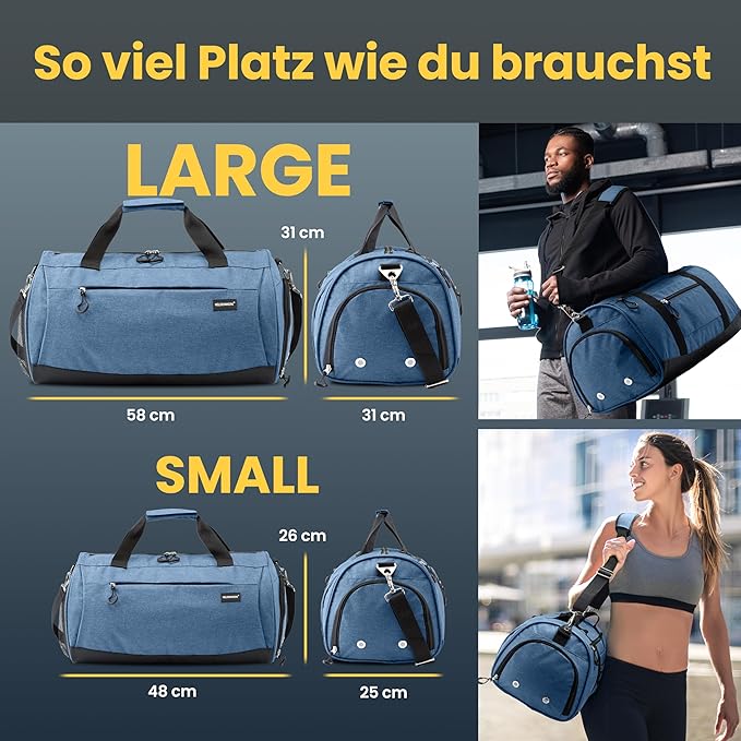 Heldenwerk Sporttas met schoenenvak en natvak – Trainingstas voor dames en heren – Reistas, fitnesstas of sporttas – 48 x 36 x 25 cm - 30L - Donkerblauw