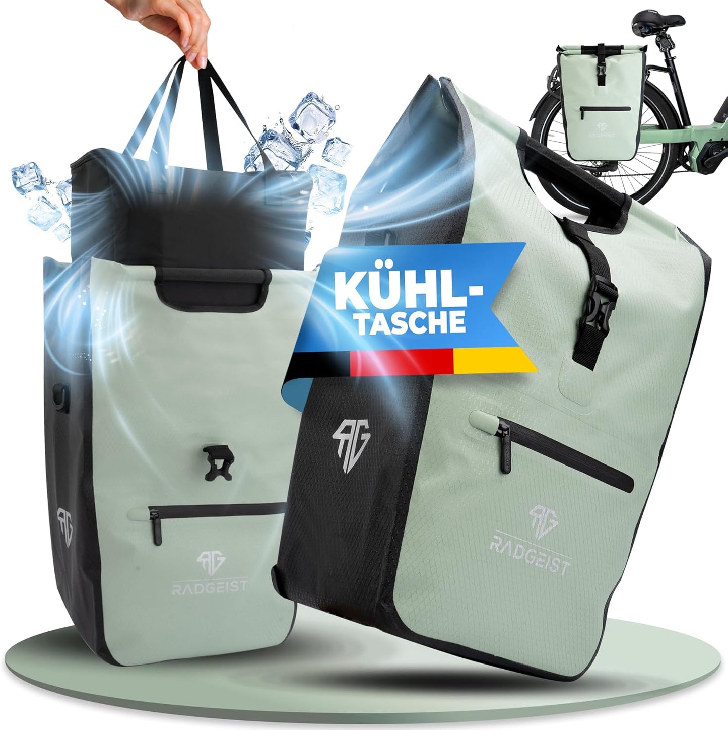 RADGEIST fietstas voor bagagedrager I fietstas shopper met uitneembare koeltas I boodschappentas & boodschappendraagtas 22-28 liter - groen