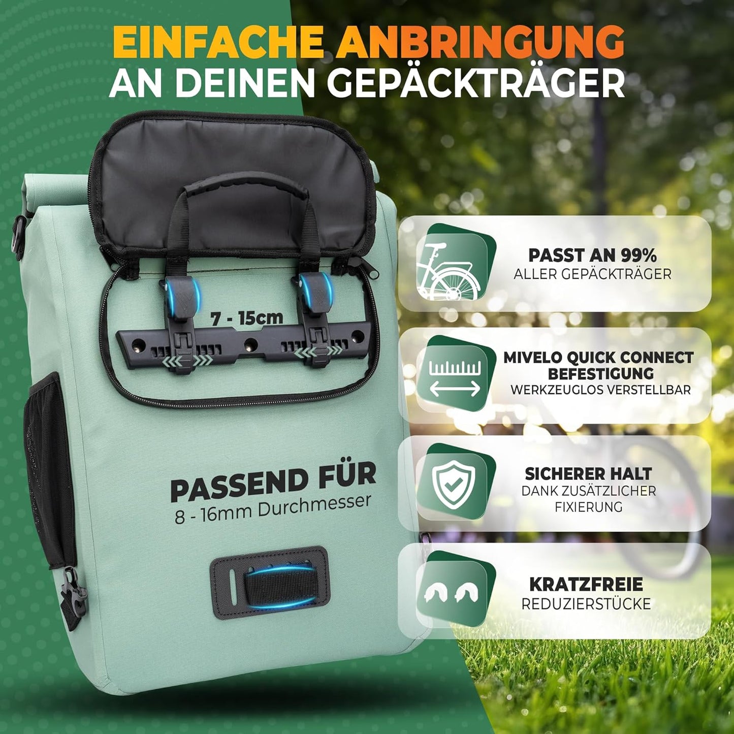 MIVELO - 3-in-1 Waterdichte Fietstas met Laptopvak - PVC-vrij - Mint - 20L