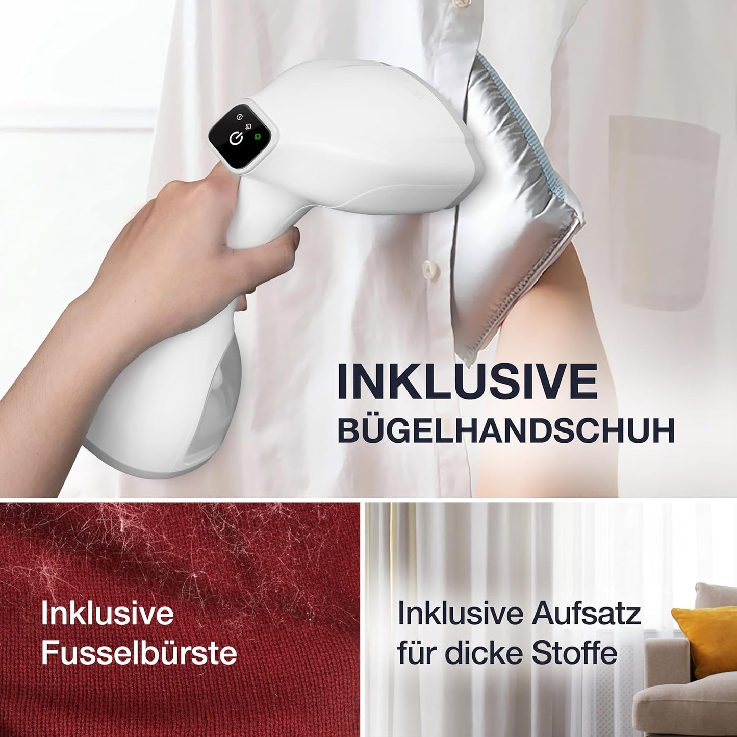 LEBENLANG Stoomstrijkijzer – Handstomer met LCD & 2 Opzetstukken – 1500W – 300 ml – 7 x 4 x 10 cm – Wit