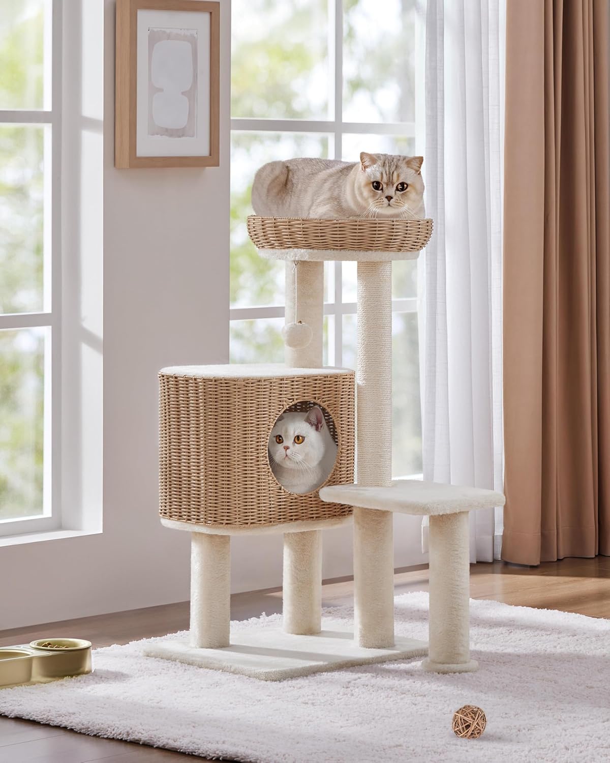 Yaheetech Krabpaal Met Rotan Kattenhuis – 49 x 41 x 91 cm – Voorzien Van Luxe Kattenmand En Sisal Krabpalen En Zachte Uitneembare Matten – Voor Kittens En Volwassen Katten – Beige Rotan En Pluche