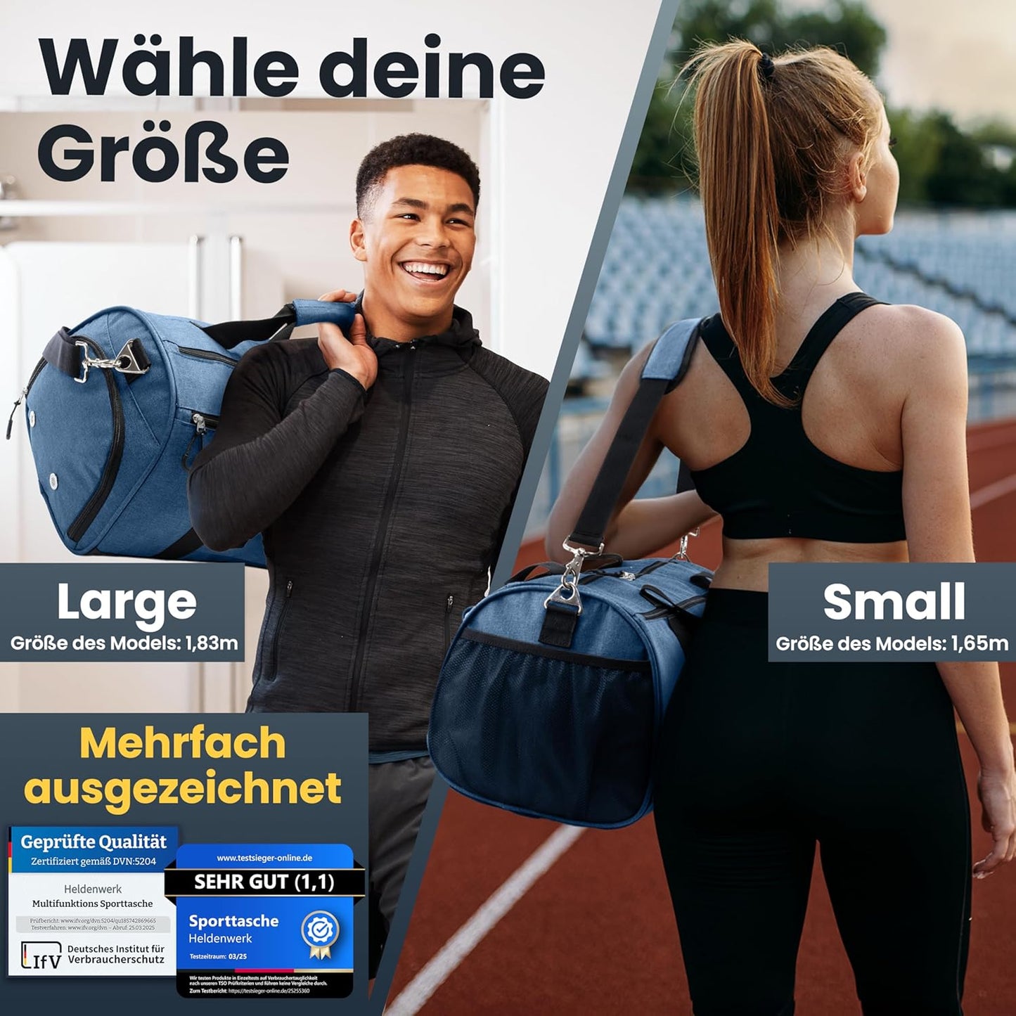 Heldenwerk Sporttas met schoenenvak en natvak – Trainingstas voor dames en heren – Reistas, fitnesstas of sporttas – 48 x 36 x 25 cm - 30L - Donkerblauw