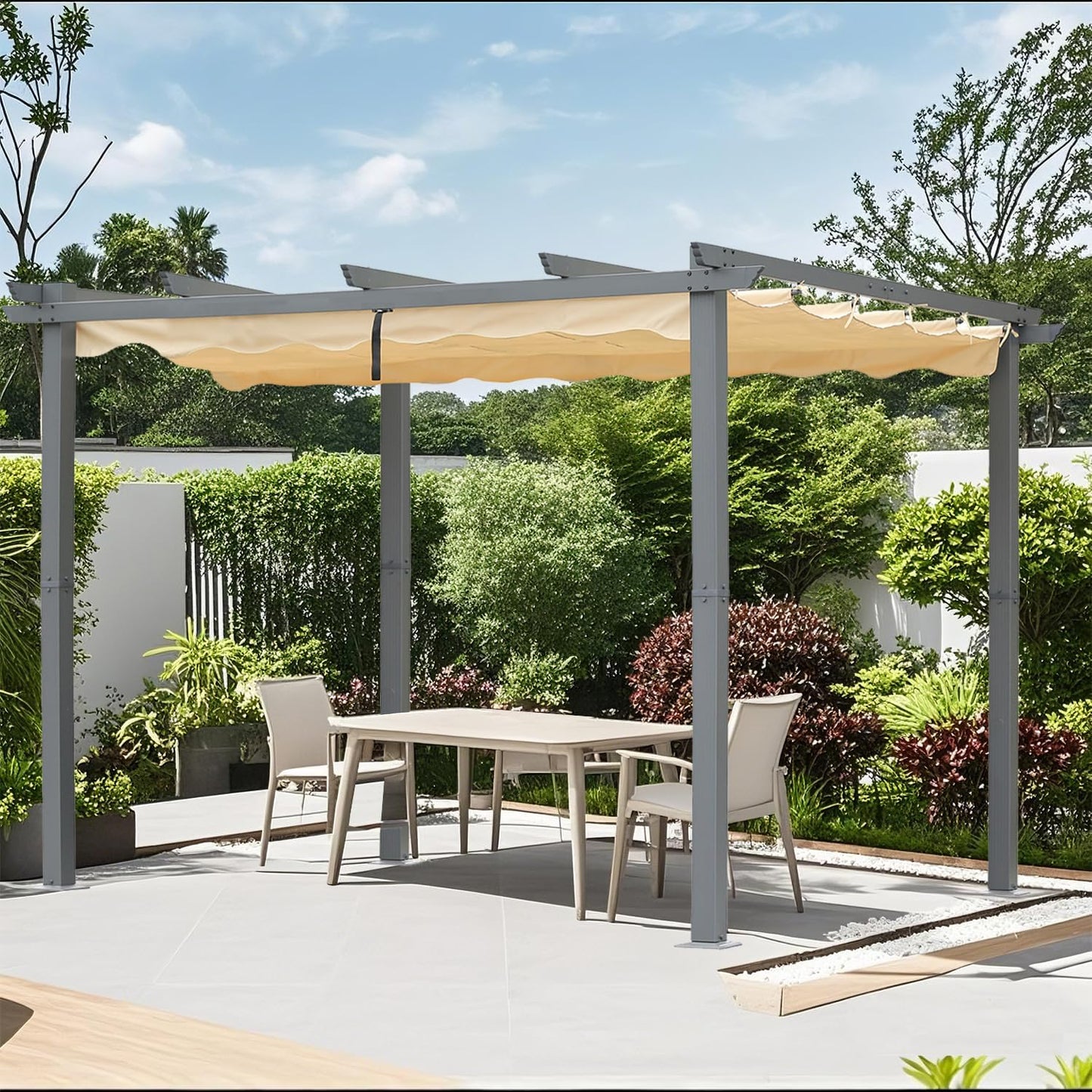 Angel Living Aluminium Pergola - Intrekbaar Dak - Elegant Ontworpen - Paviljoen - Prieel - met Water- en UV-Bestendig Polyesterdoek - Beige - 3 x 3 m