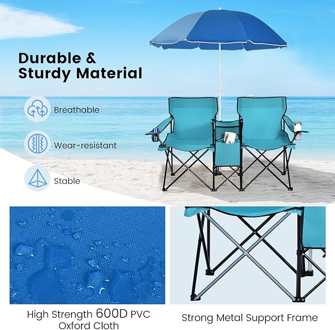 Coast campingstoel met parasol dubbele vouwstoel met bekerhouder koeltas turquoise