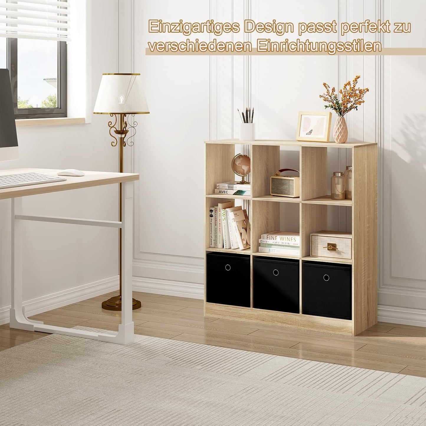 Woltu Boekenkast 9 Vakken met 3 Stoffen Lades - Melaminehout Licht Eiken - 80x30x86,5 cm