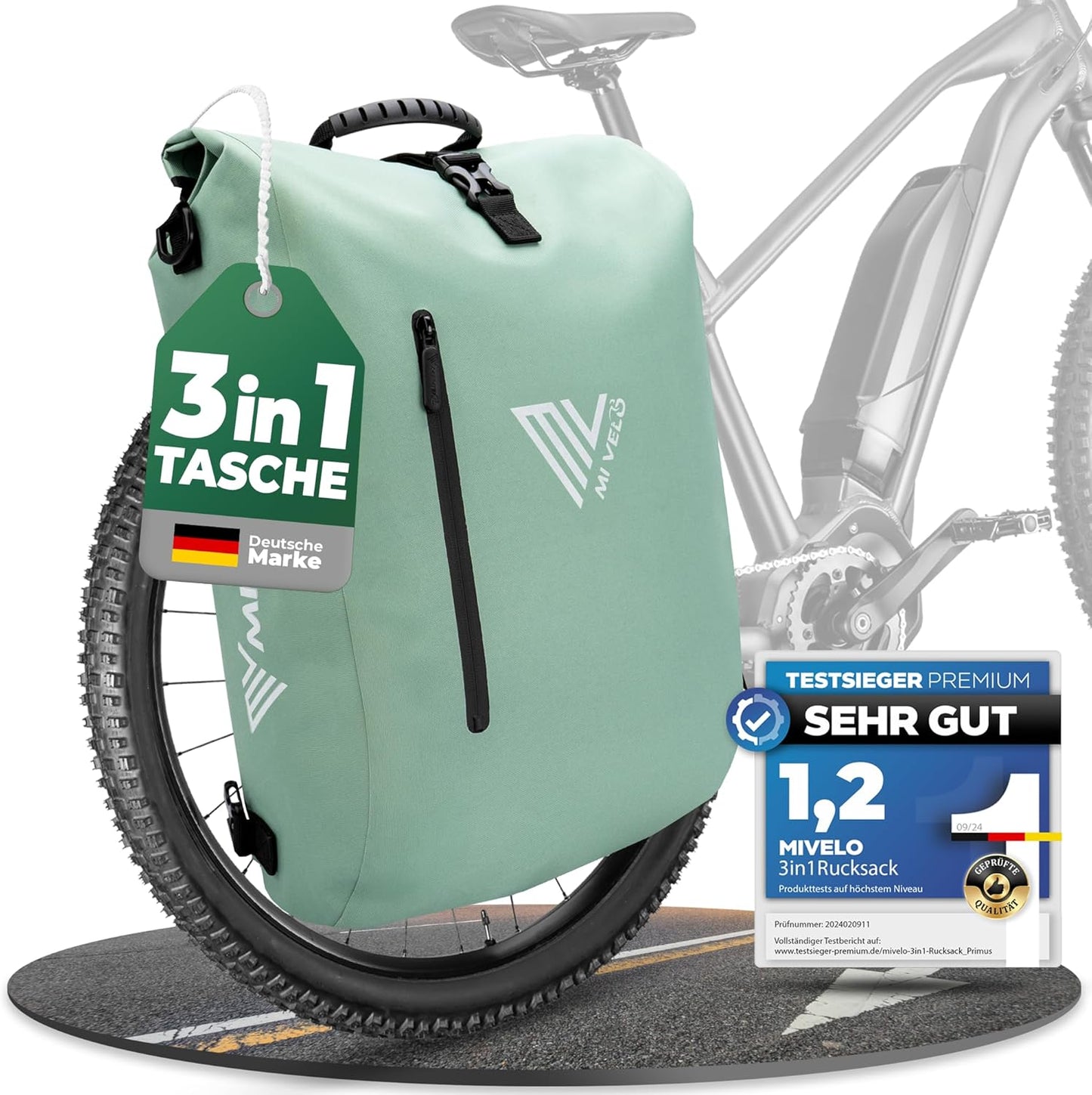 MIVELO - 3-in-1 Waterdichte Fietstas met Laptopvak - PVC-vrij - Mint - 20L