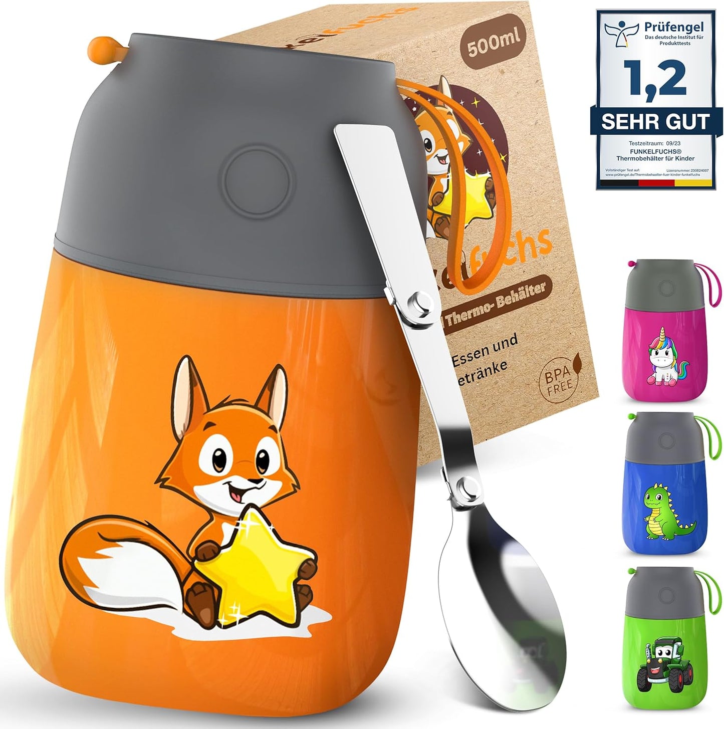 Funkelfuchs thermoskan voor Kinderen - 100% Lekvrij - 500ml - Oranje
