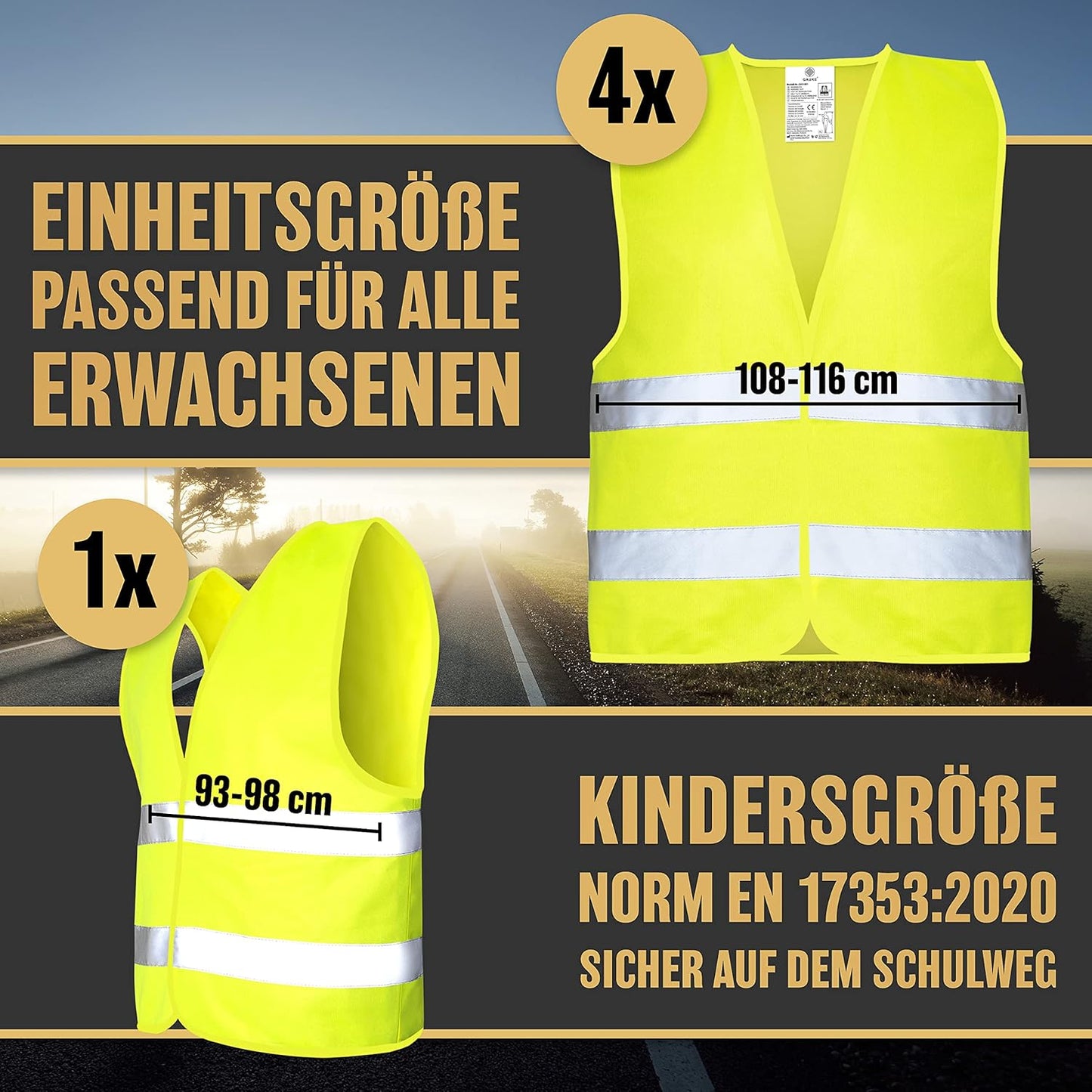 Heldenwerk veiligheidsvesten Auto – 5+1 Set – Inclusief Kindervest – Europees Goedgekeurd – Reflecterend – Geel