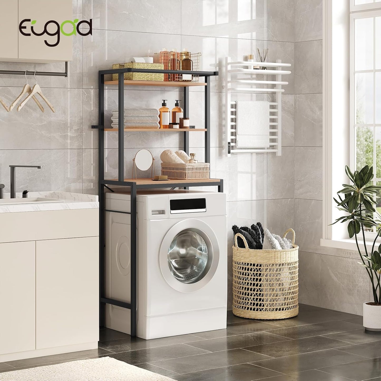 Eugad 3-laags badkamerrek boven toilet of wasmachine - donker eiken/zwart - 67x40x162 cm