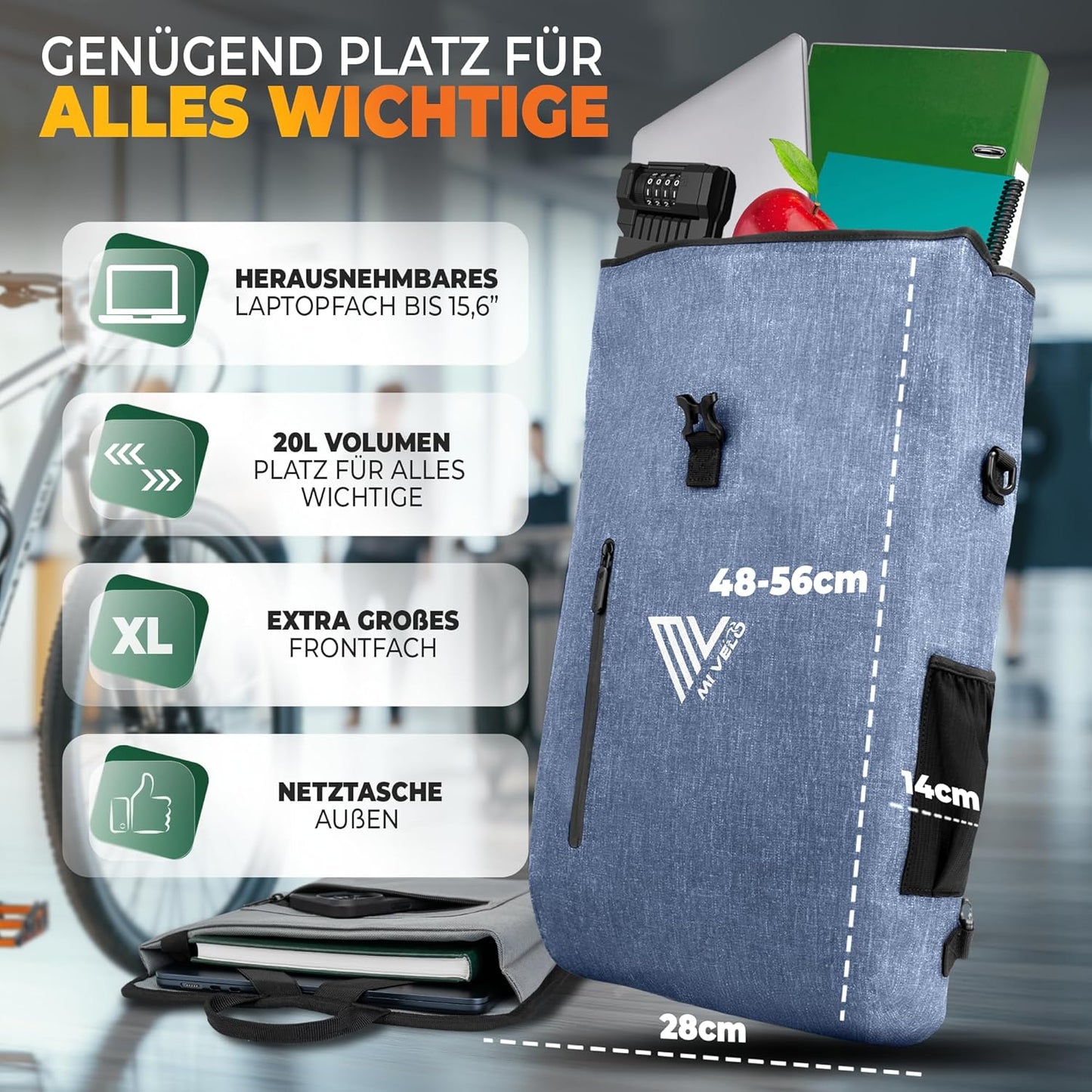 MIVELO 3-in-1 Waterdichte Fietstas met Laptopvak en Slot - PVC-vrij - Jeansblauw - 20 L
