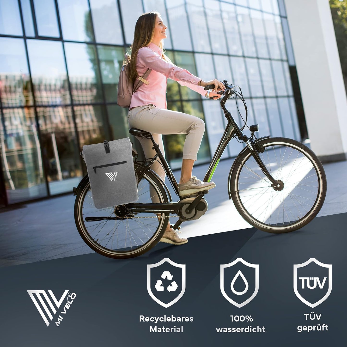 MIVELO 3-in-1 Waterdichte Fietstas voor Bagagedrager - PVC-vrij - Grijs - 25 L