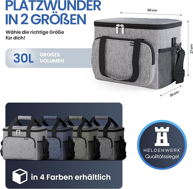 HELDENWERK Grote koeltas, opvouwbaar, geïsoleerde koelbox, thermotas, lekvrij en waterdicht, picknicklunchtas, ontbijttas, thermotas, isoleertas - 30 L