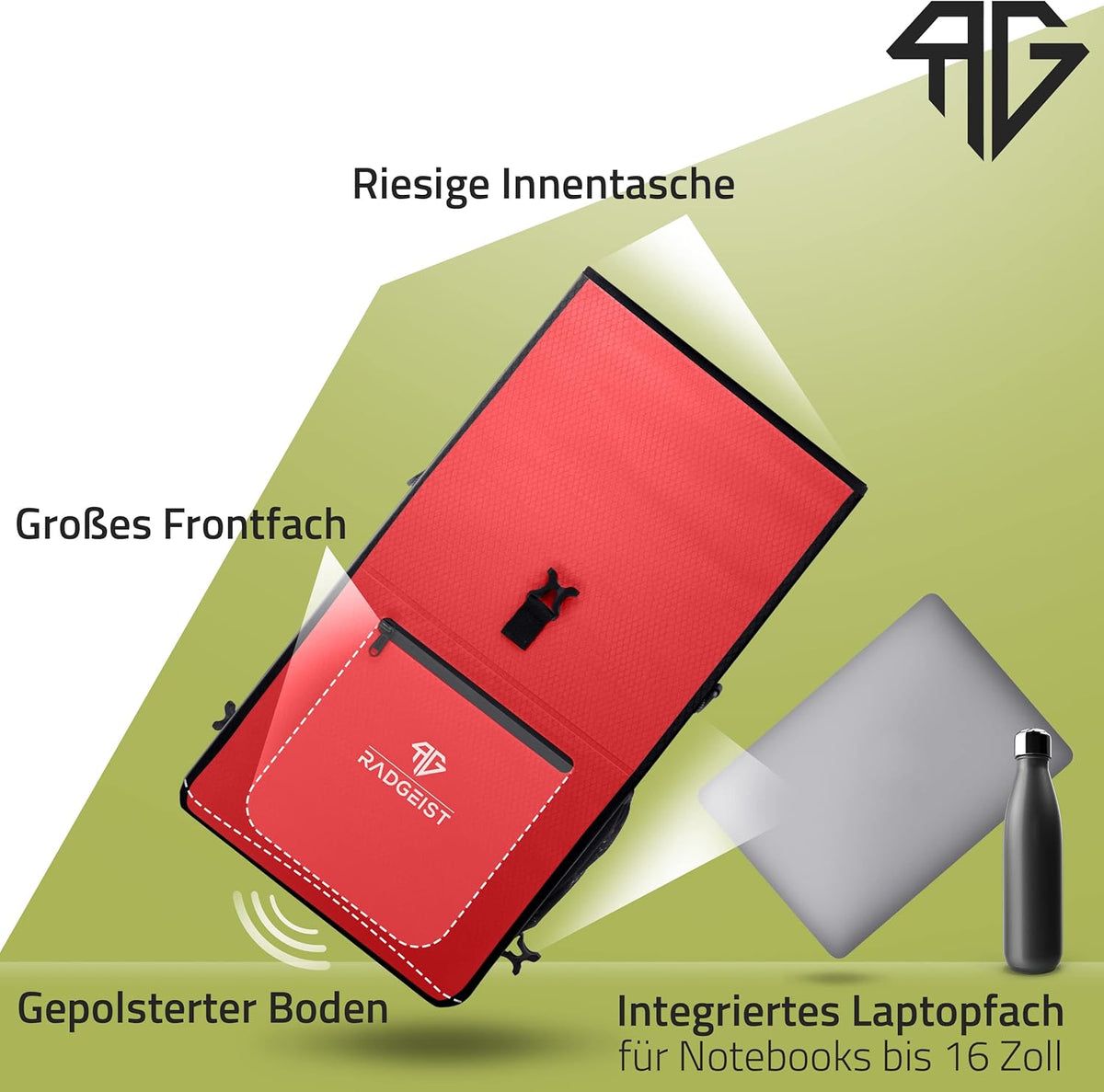 RADGEIST 3in1 fietstas voor bagagedrager - fietsrugzak - draagtas - schoudertas - met laptopvak - waterdicht - 25L - rood