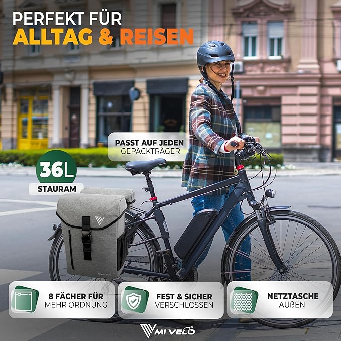 MIVELO Fietstas Dubbel – Waterdicht & Incl. Reflecterende Regenhoes – 36 liter – Grijs