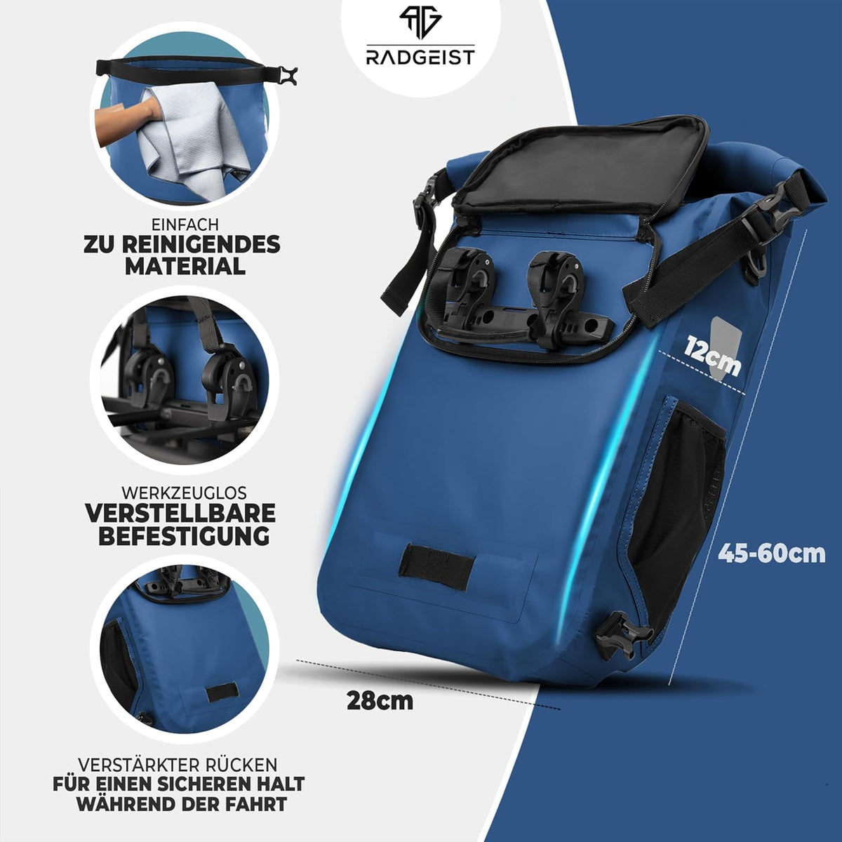 RADGEIST 3in1 fietstas voor bagagedrager I fietstas, rugzak & schoudertas 18-22L I tas voor fiets 100% waterdicht Blauw