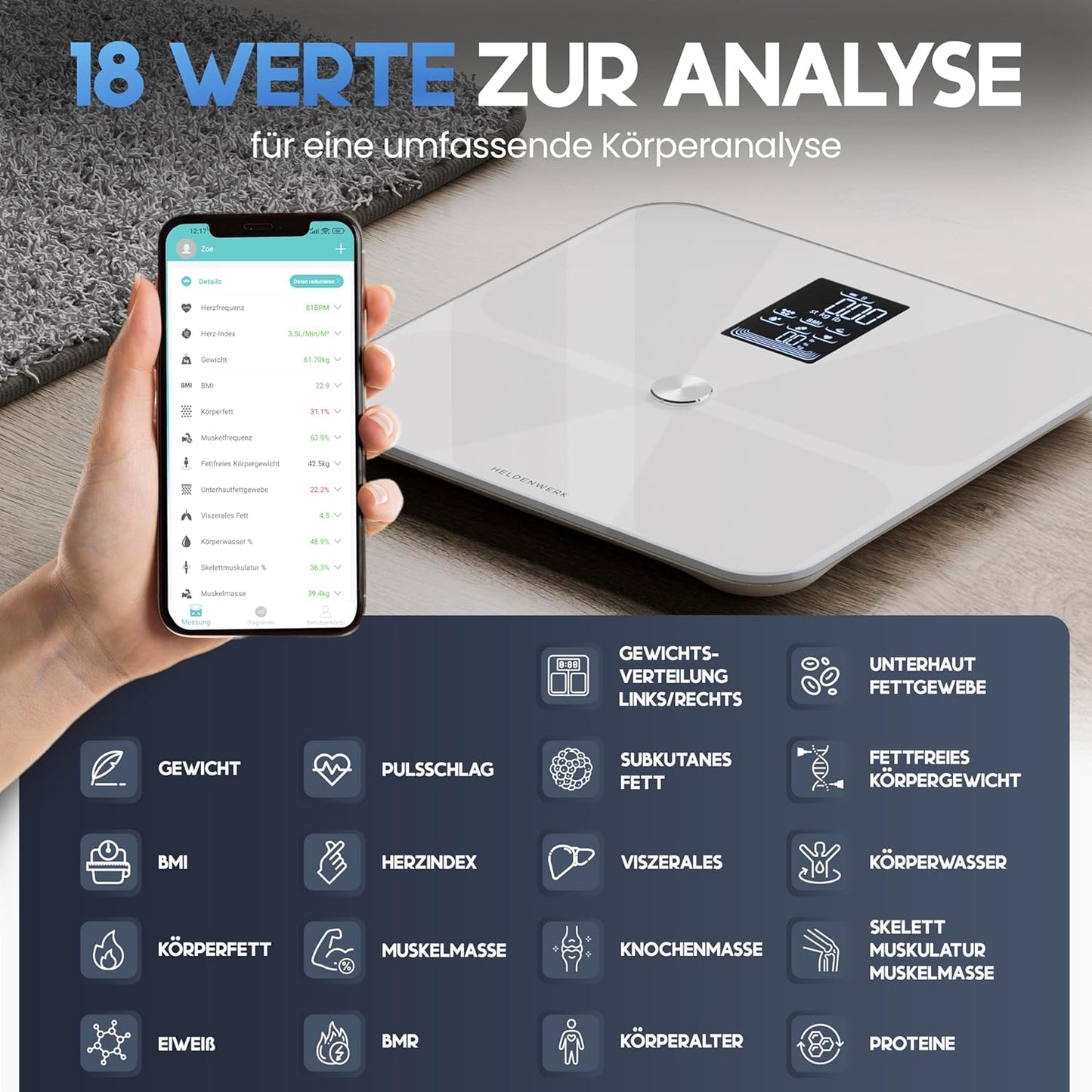 Heldenwerk Weegschaal - Digitaal - 180KG - Bluetooth - Grijs