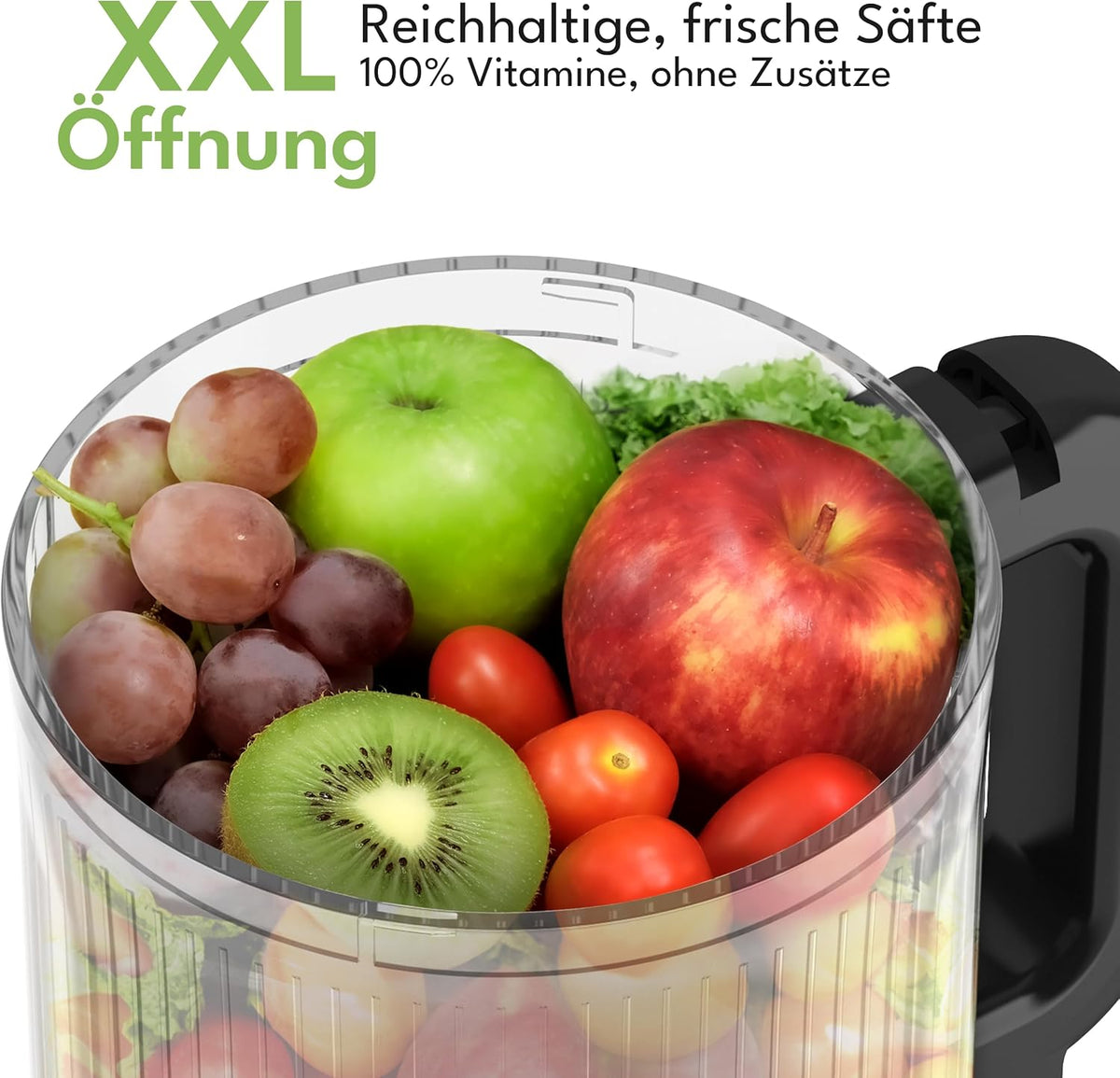 LEBENLANG Slow Juicer Verticaal 17x17x45 cm – Mat Zwart – Grote 120 mm Opening – 300W – 600 ml – BPA-vrij – Voor Hele Vruchten en Groenten