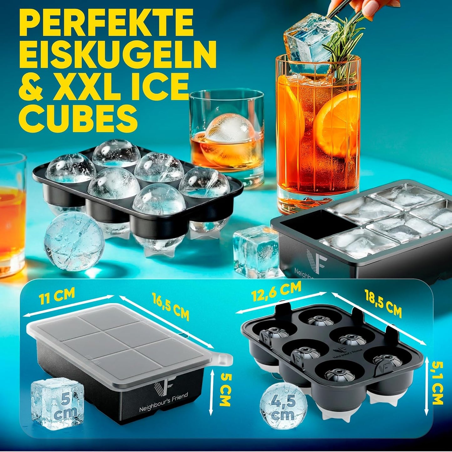 Neighbour's Friend - Gepatenteerde XXL ijsblokjesvorm Platinum - ronde grote ijsblokjesvorm voor cocktails, gin & dranken - 6 ijsballen + 6 klassieke ijsblokjes