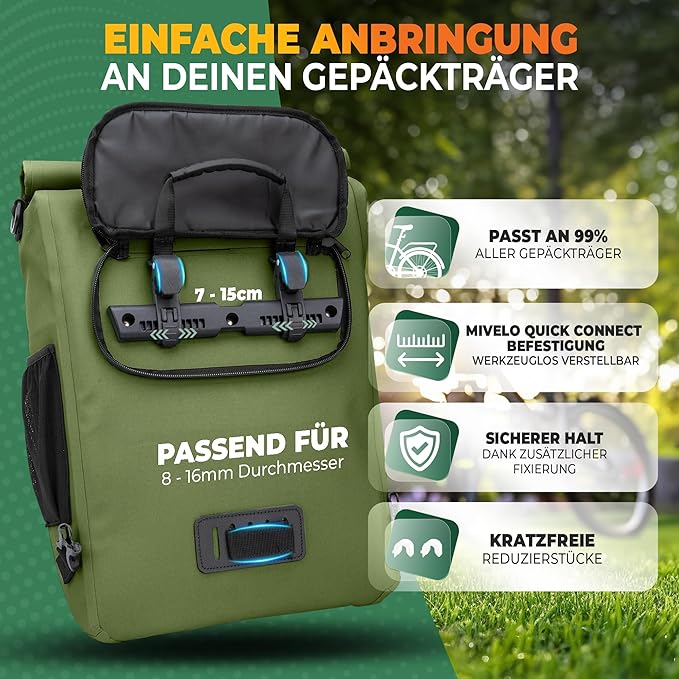 MIVELO – 3-in-1 Waterdichte Fietstas met Laptopvak – Olijfgroen – 20L