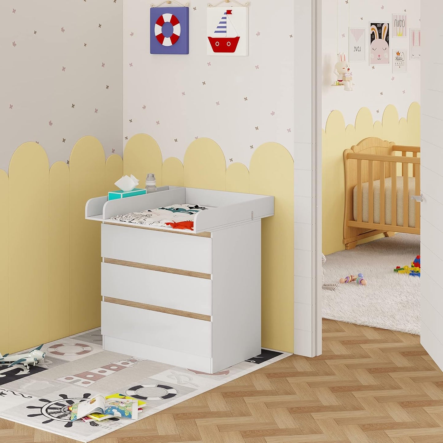 Woltu Luiercommode met aankleedopzetstuk – 80x48x78 cm – Wit en Eiken – 3 Lades – Ergonomisch 86 cm Werkhoogte