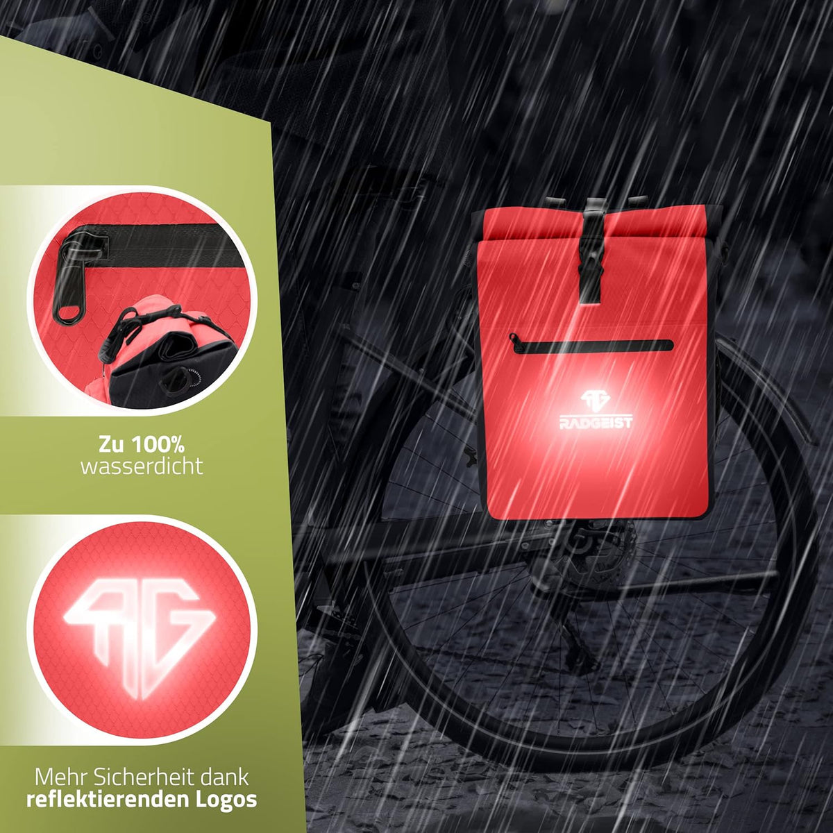 RADGEIST 3in1 fietstas voor bagagedrager - fietsrugzak - draagtas - schoudertas - met laptopvak - waterdicht - 25L - rood